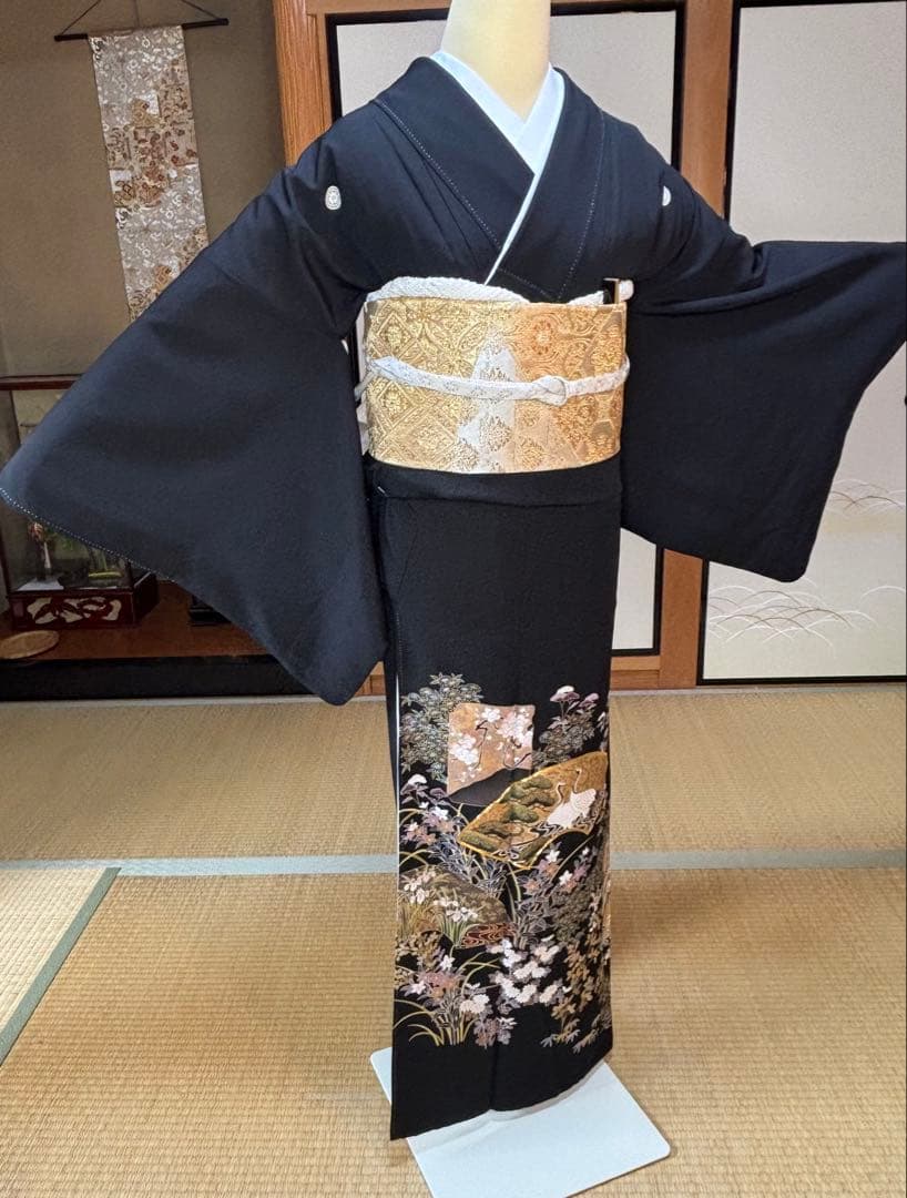 正絹豪華黒留袖6点フルセット 黒留袖　袋帯　帯締め帯揚げ　長襦袢　 末広