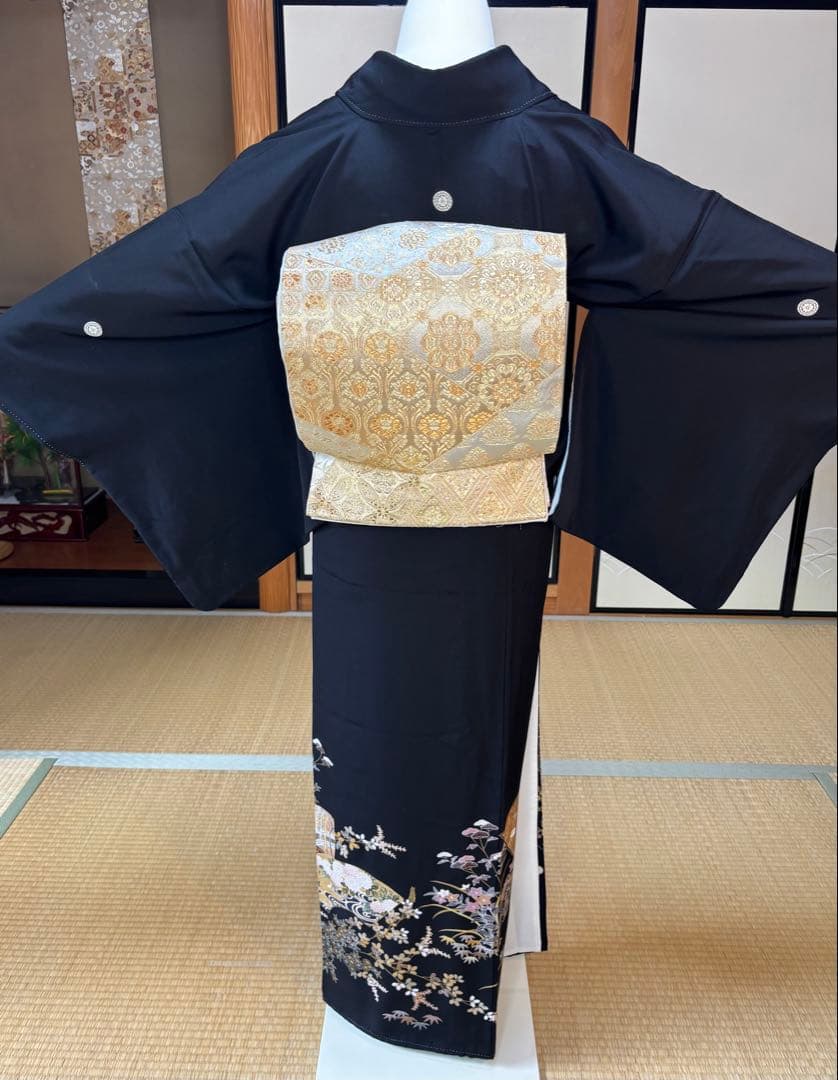 正絹豪華黒留袖6点フルセット 黒留袖　袋帯　帯締め帯揚げ　長襦袢　 末広