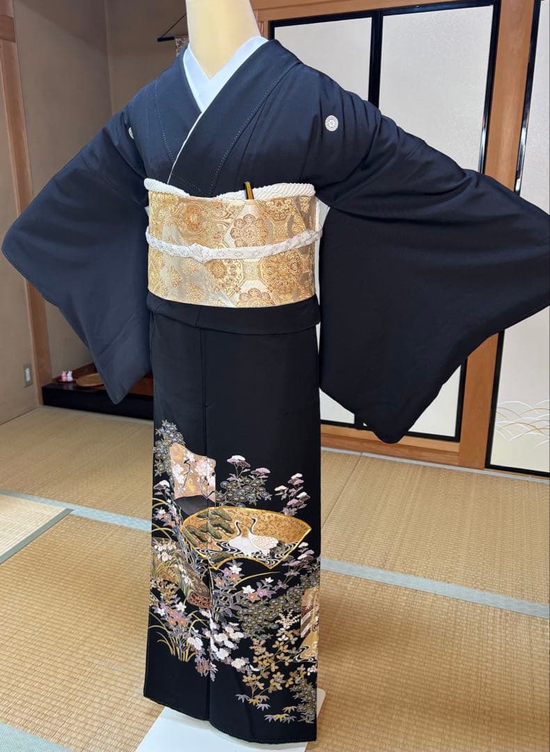 正絹豪華黒留袖6点フルセット 黒留袖　袋帯　帯締め帯揚げ　長襦袢　 末広