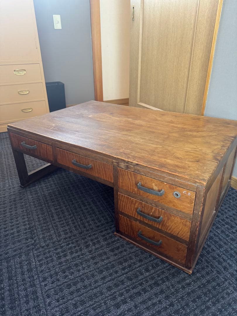 昭和レトロ 古家具 木製文机 5杯引き出し付き座卓 書斎机 ビンテージ 古民家