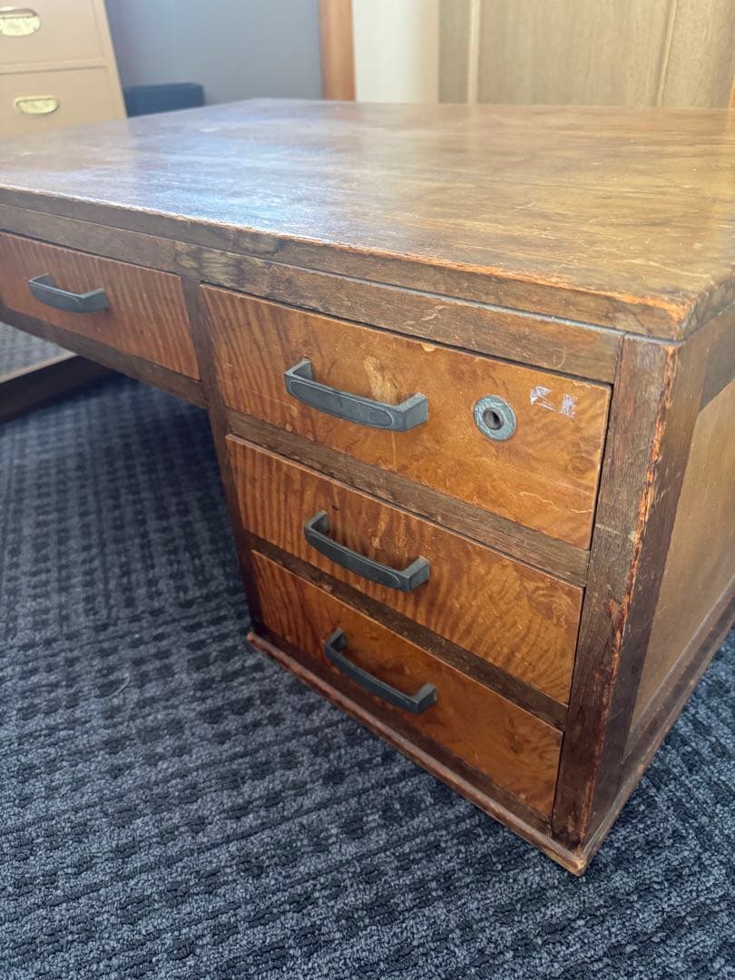 昭和レトロ 古家具 木製文机 5杯引き出し付き座卓 書斎机 ビンテージ 古民家