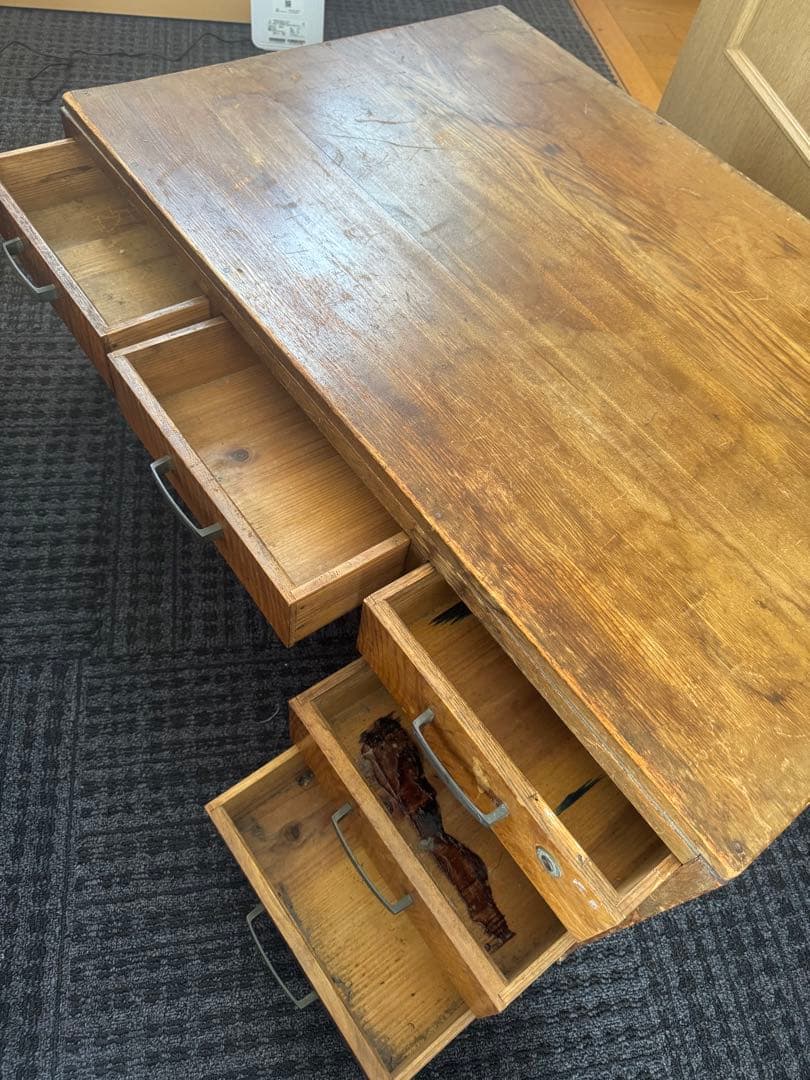 昭和レトロ 古家具 木製文机 5杯引き出し付き座卓 書斎机 ビンテージ 古民家