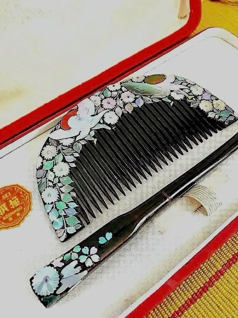 木製 天阿 草花 螺鈿 青貝 蒔絵 櫛、笄(こうがい) セット