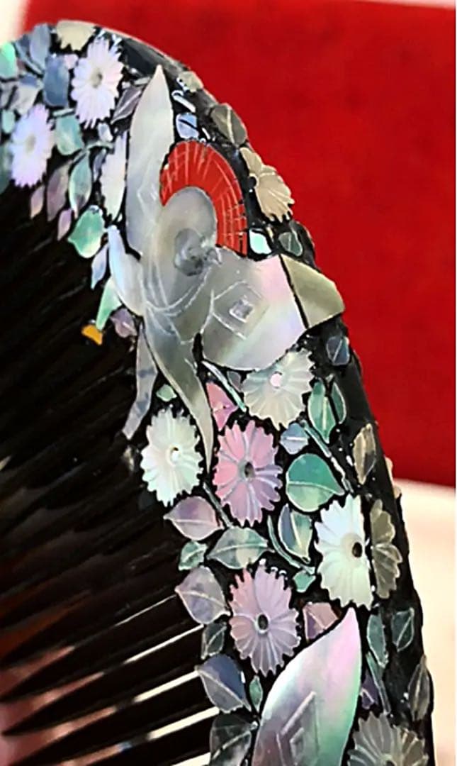 木製 天阿 草花 螺鈿 青貝 蒔絵 櫛、笄(こうがい) セット