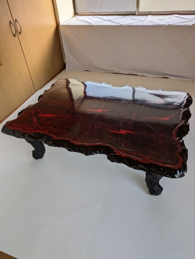 アンティーク朱塗り木製座卓 赤黒コントラスト 脚取り外し可能