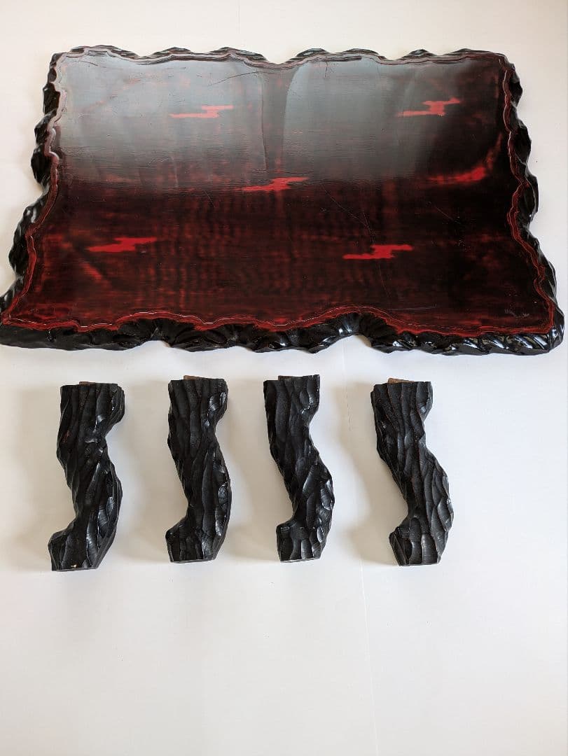 アンティーク朱塗り木製座卓 赤黒コントラスト 脚取り外し可能