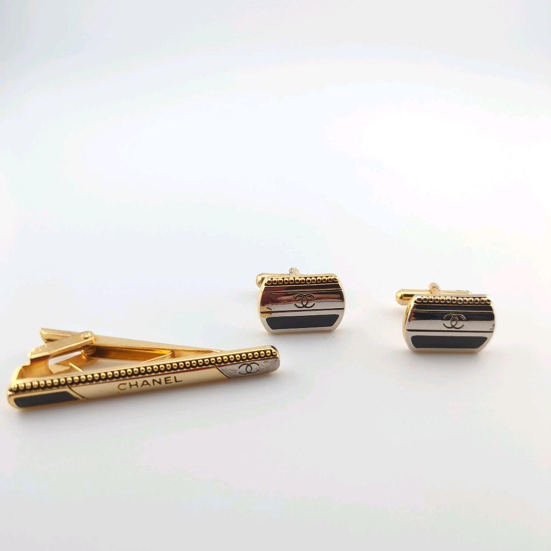 CHANEL シャネル ネクタイピン カフス 3点セット ゴールド×ブラック