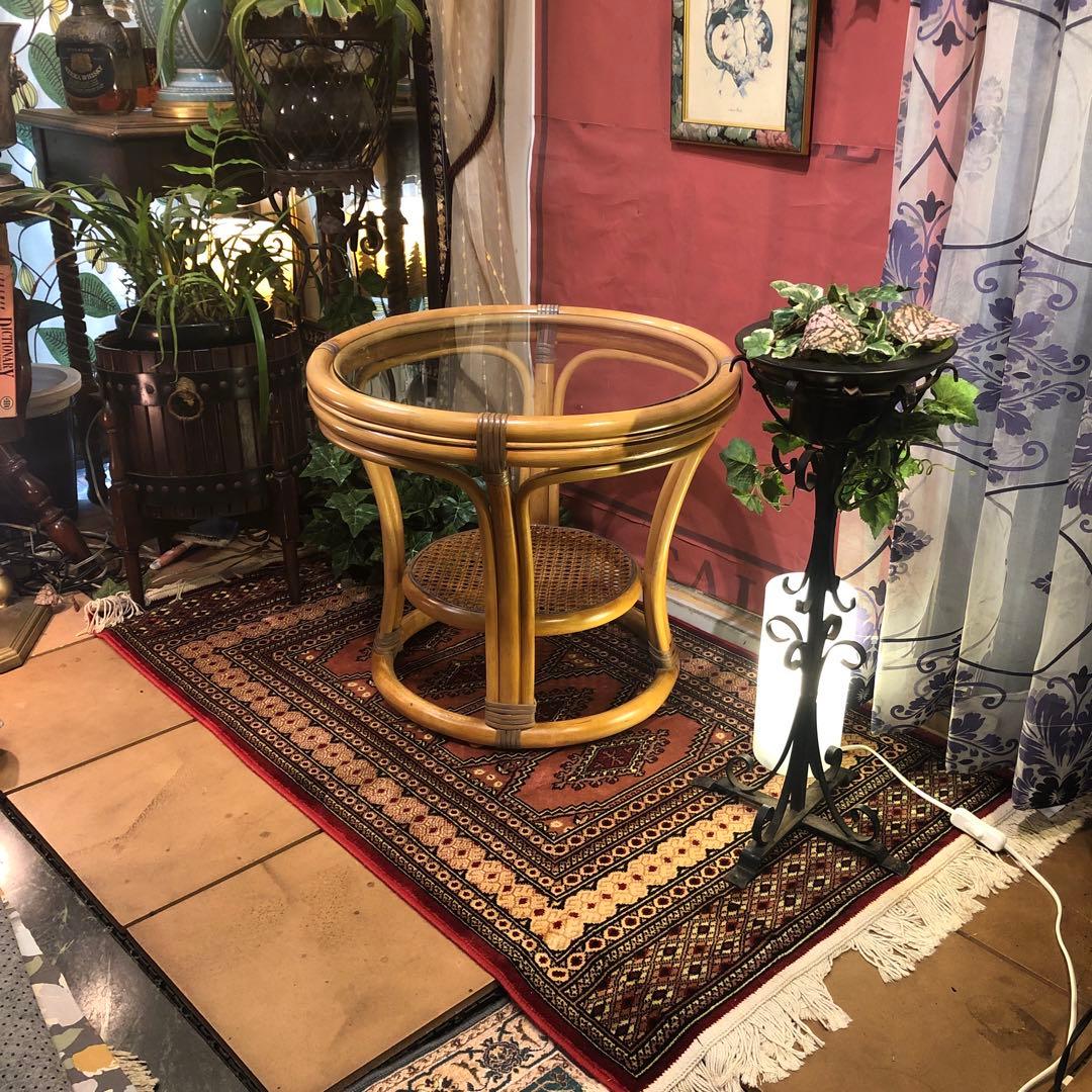 古家具　ヴィンテージ ナチュラル　籐ラタンフレーム サイドテーブル 丸テーブル