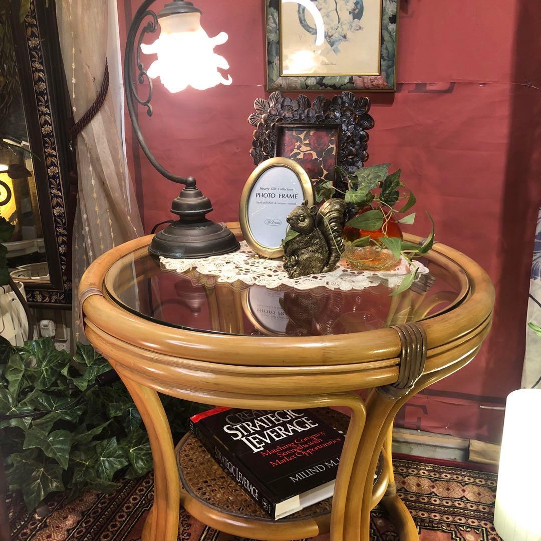 古家具　ヴィンテージ ナチュラル　籐ラタンフレーム サイドテーブル 丸テーブル