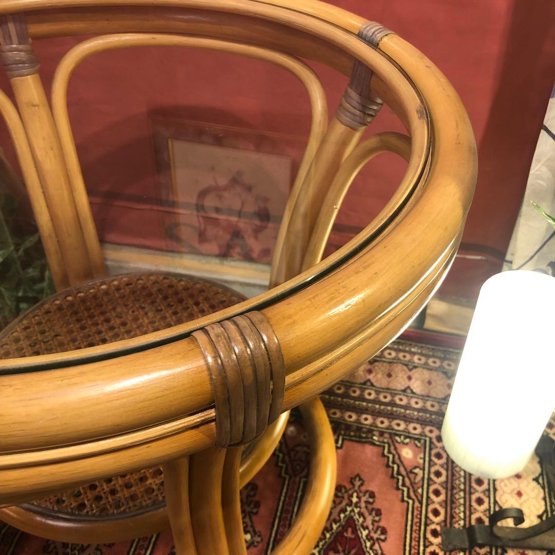 古家具　ヴィンテージ ナチュラル　籐ラタンフレーム サイドテーブル 丸テーブル