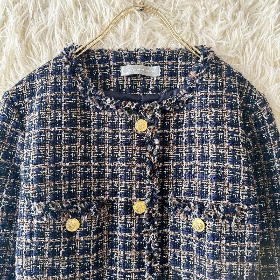 未使用級✨ダーマコレクション ミックスツイードノーカラージャケット 金ボタン M