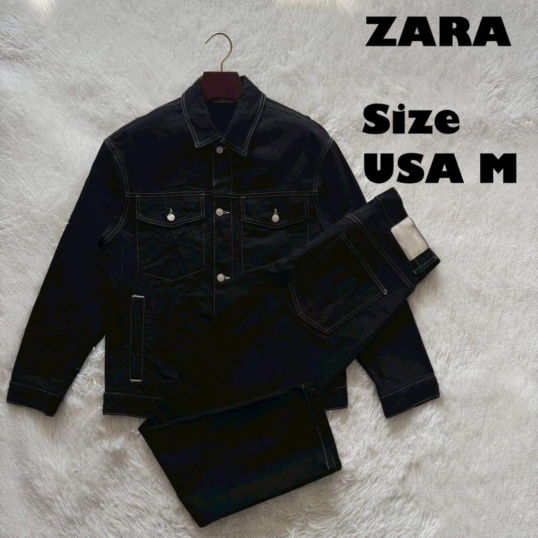 ZARA✨デニム　セットアップ　上下　ブラックデニム　ステッチ　M