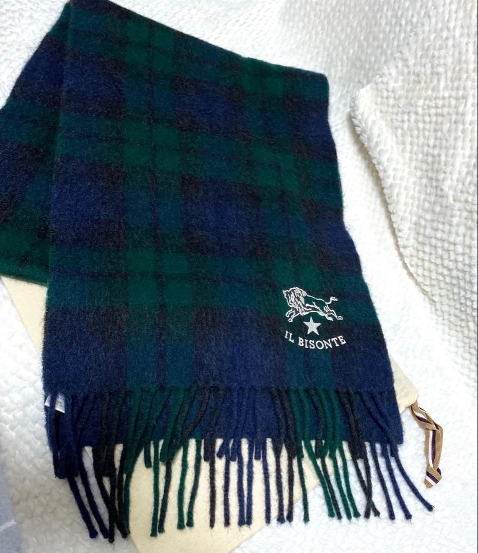 未使用級】IL BISONTE イルビゾンテ ロゴ ウール100% マフラー 緑