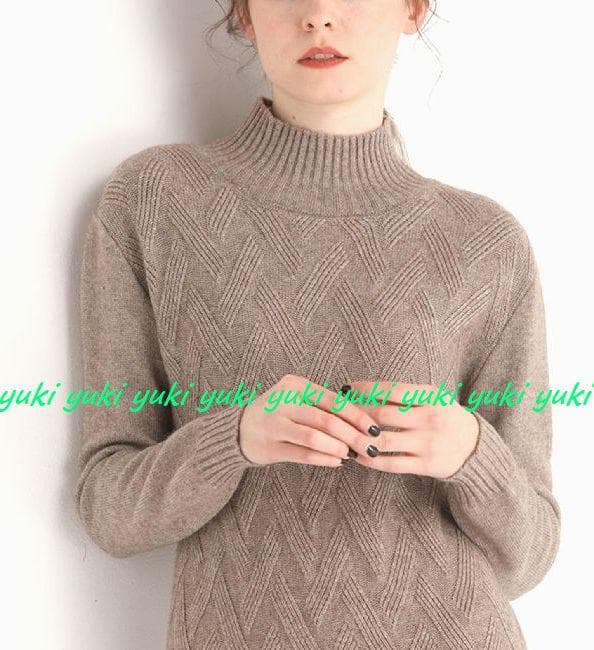 M暖か上質カシミヤ100％★ハイネックデザイン編みロングニットワンピ♪モカM