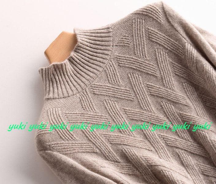 M暖か上質カシミヤ100％★ハイネックデザイン編みロングニットワンピ♪モカM