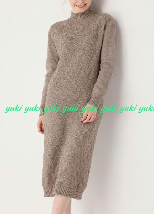 M暖か上質カシミヤ100％★ハイネックデザイン編みロングニットワンピ♪モカM