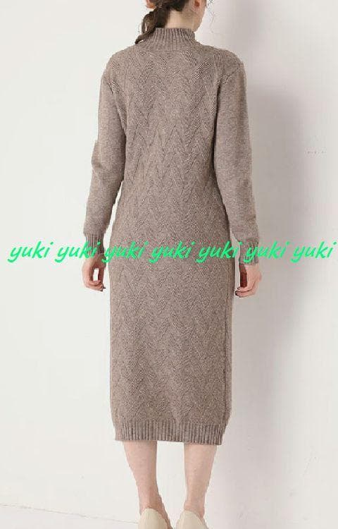 M暖か上質カシミヤ100％★ハイネックデザイン編みロングニットワンピ♪モカM