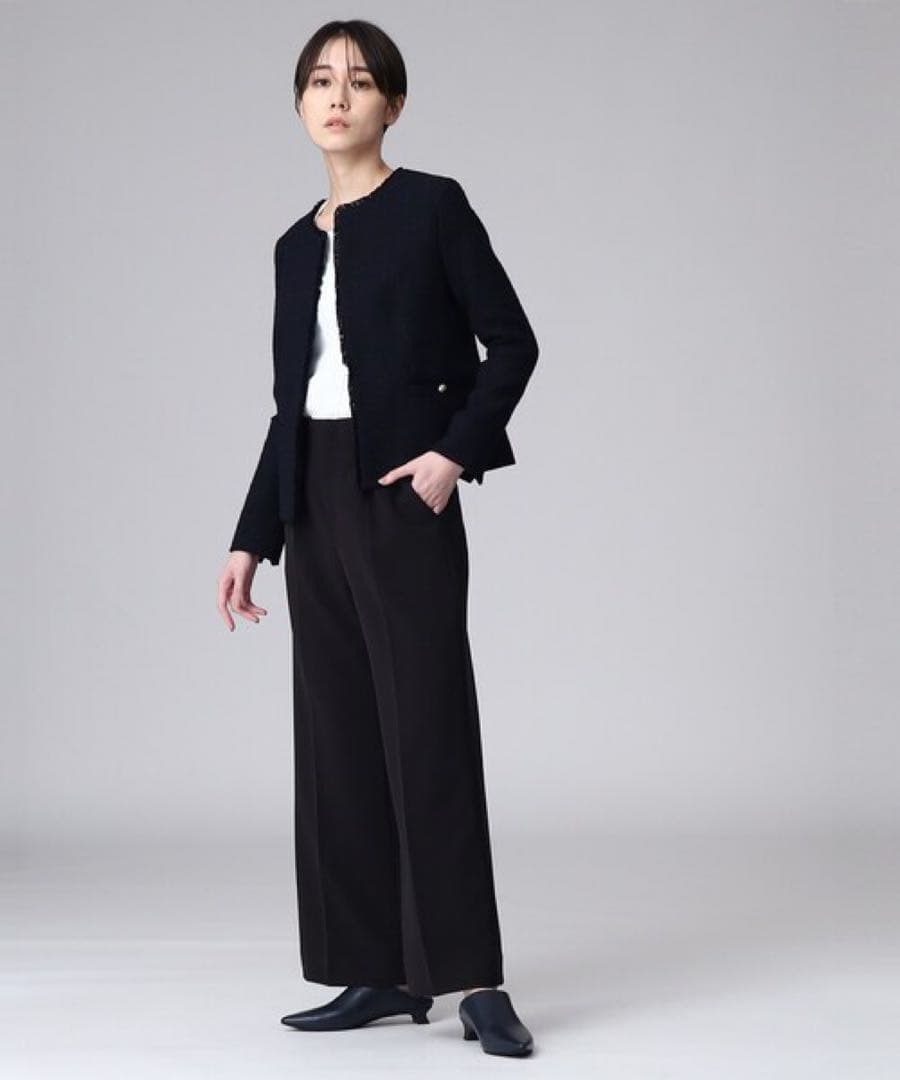 未使用【インディヴィ ヴァイ】ツイード　ノーカラー　ジャケット　ネイビー　ラメ