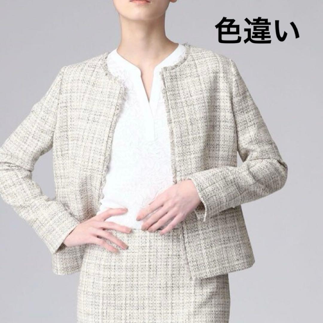 未使用【インディヴィ ヴァイ】ツイード　ノーカラー　ジャケット　ネイビー　ラメ