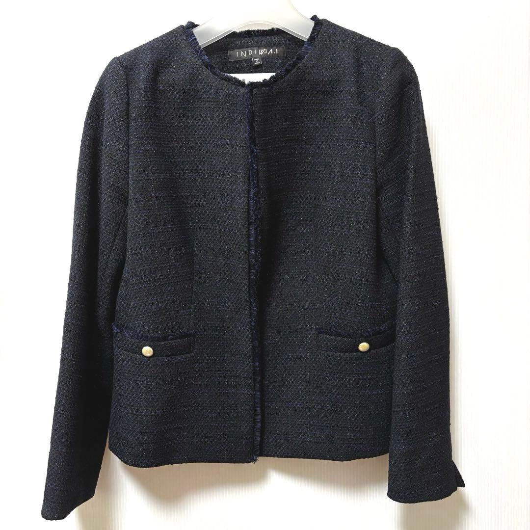 未使用【インディヴィ ヴァイ】ツイード　ノーカラー　ジャケット　ネイビー　ラメ