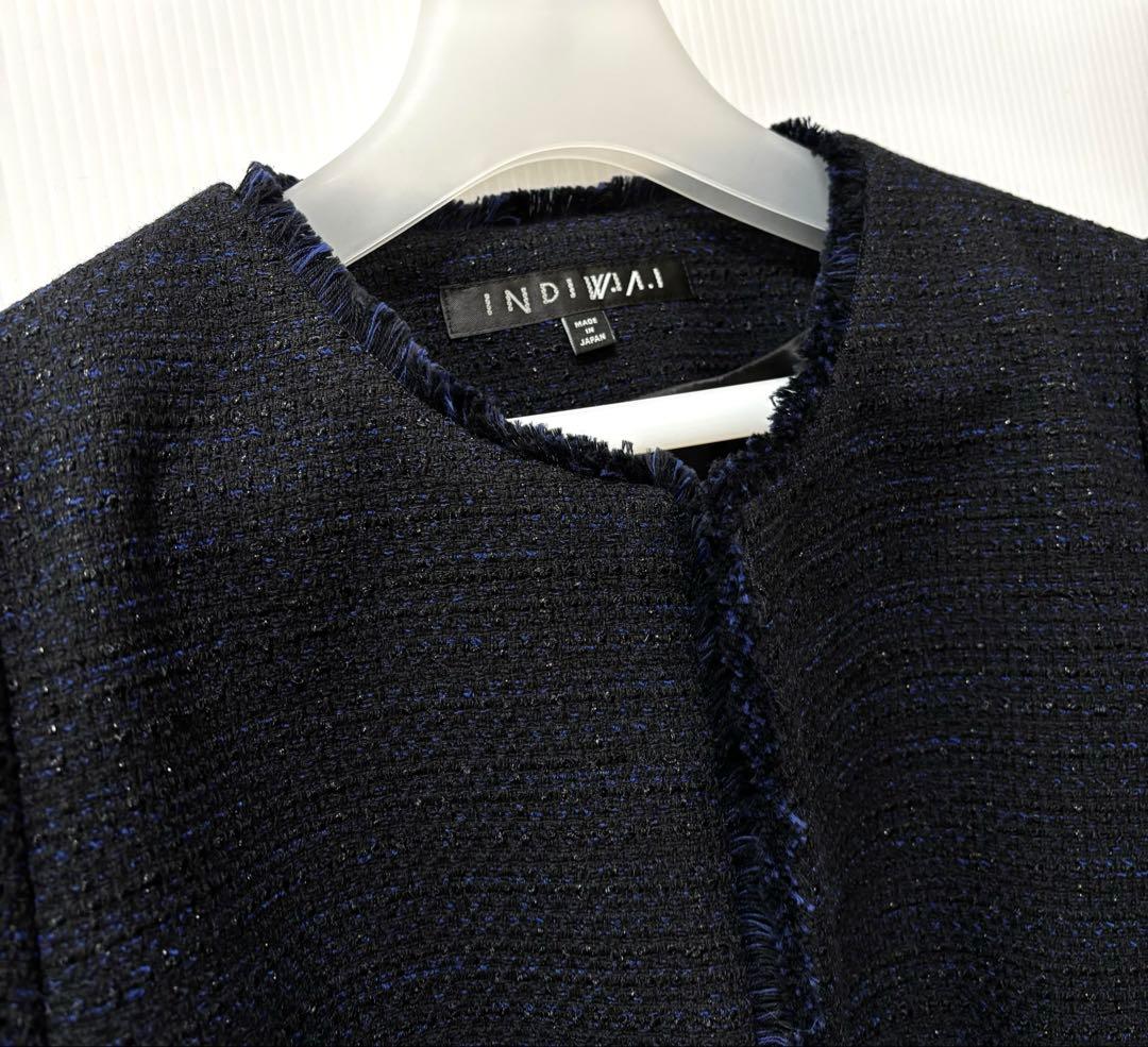 未使用【インディヴィ ヴァイ】ツイード　ノーカラー　ジャケット　ネイビー　ラメ