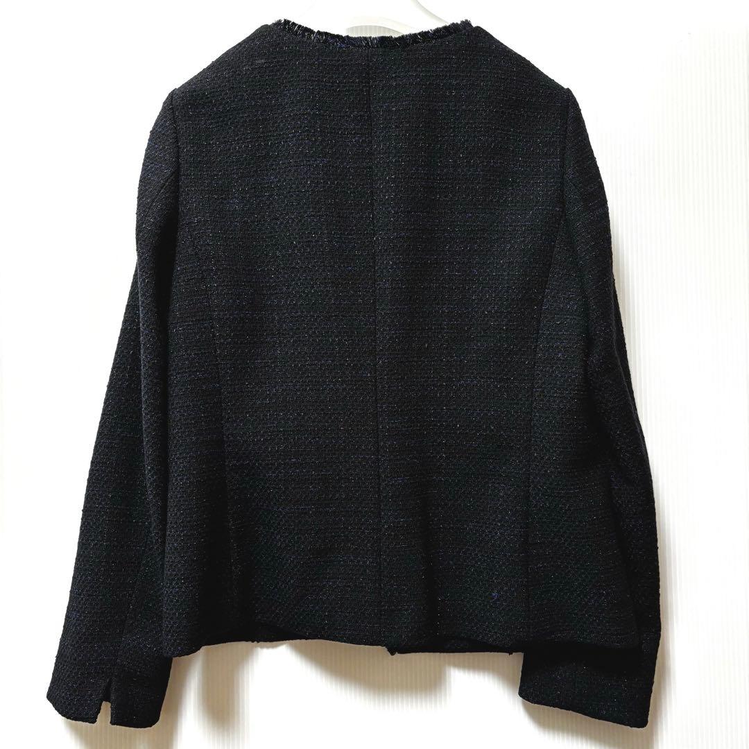未使用【インディヴィ ヴァイ】ツイード　ノーカラー　ジャケット　ネイビー　ラメ
