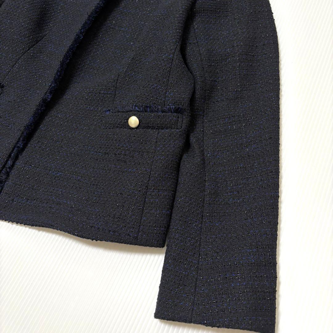 未使用【インディヴィ ヴァイ】ツイード　ノーカラー　ジャケット　ネイビー　ラメ