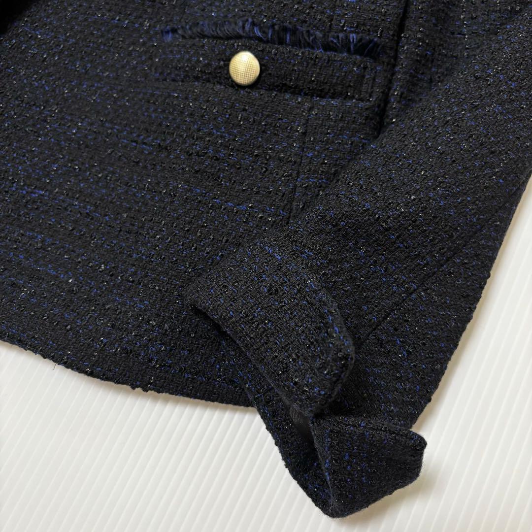 未使用【インディヴィ ヴァイ】ツイード　ノーカラー　ジャケット　ネイビー　ラメ