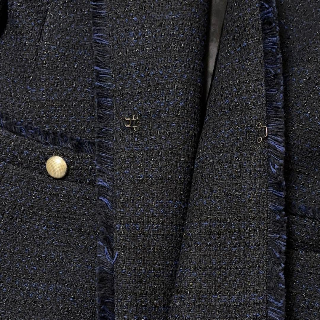 未使用【インディヴィ ヴァイ】ツイード　ノーカラー　ジャケット　ネイビー　ラメ