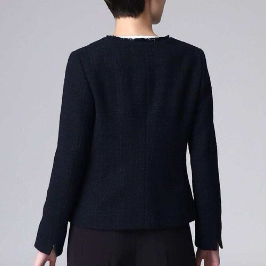 未使用【インディヴィ ヴァイ】ツイード　ノーカラー　ジャケット　ネイビー　ラメ