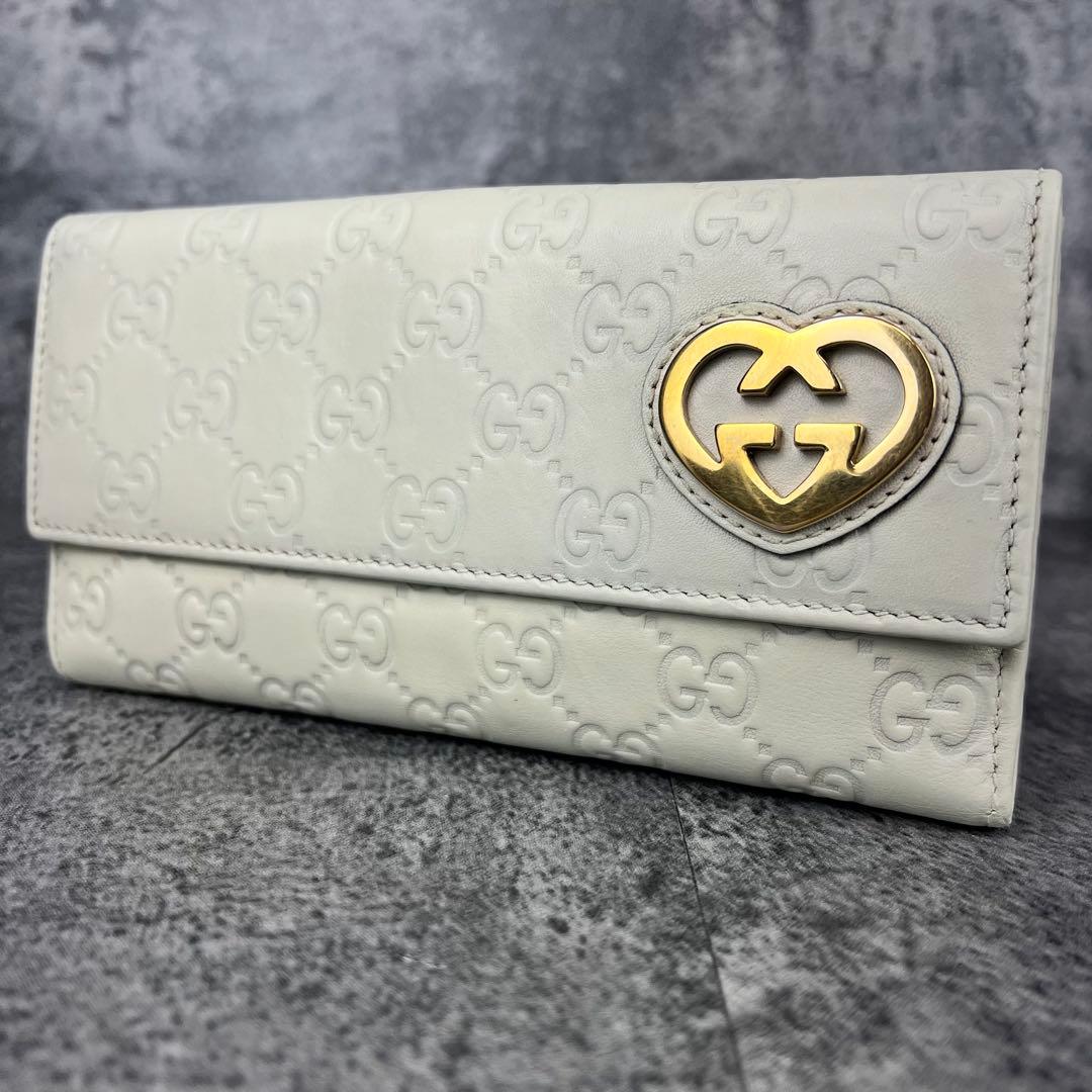 GUCCI ラブリーハート GG レザー 長財布 アイボリー W ホック