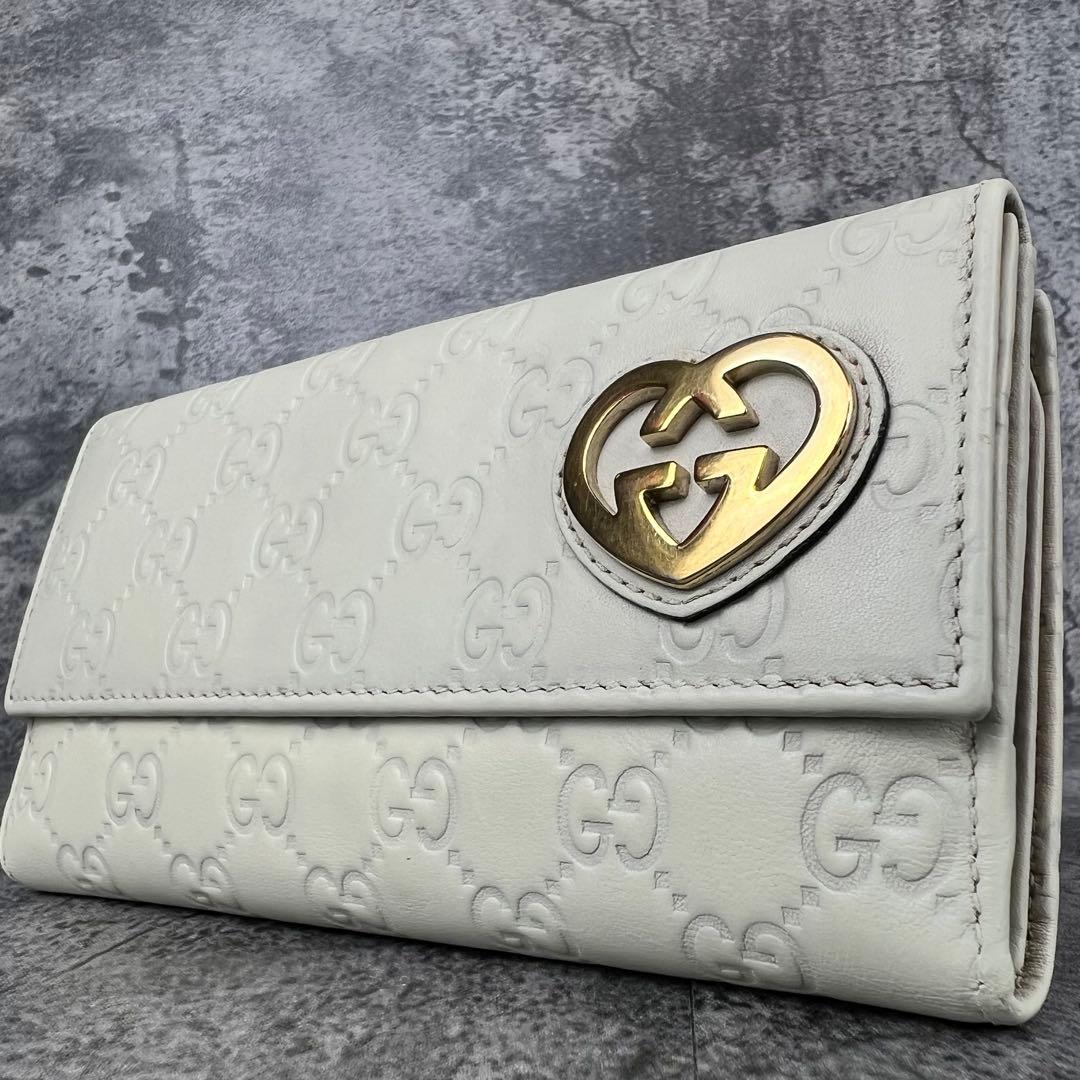 GUCCI ラブリーハート GG レザー 長財布 アイボリー W ホック