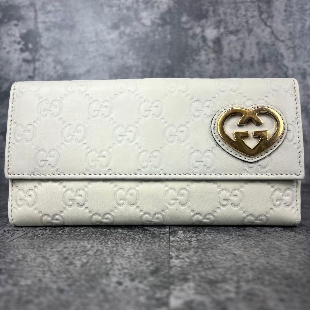 GUCCI ラブリーハート GG レザー 長財布 アイボリー W ホック