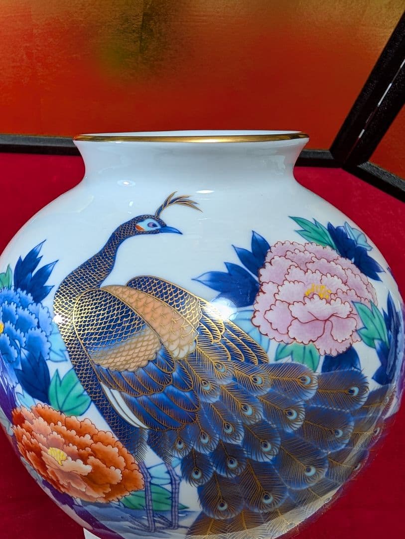 孔雀　牡丹　花瓶　香蘭社