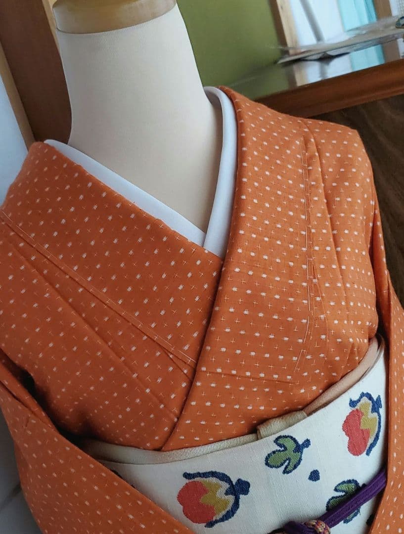 【着物帯＊セット】オレンジカラーの紬　十字絣　袋帯　正絹