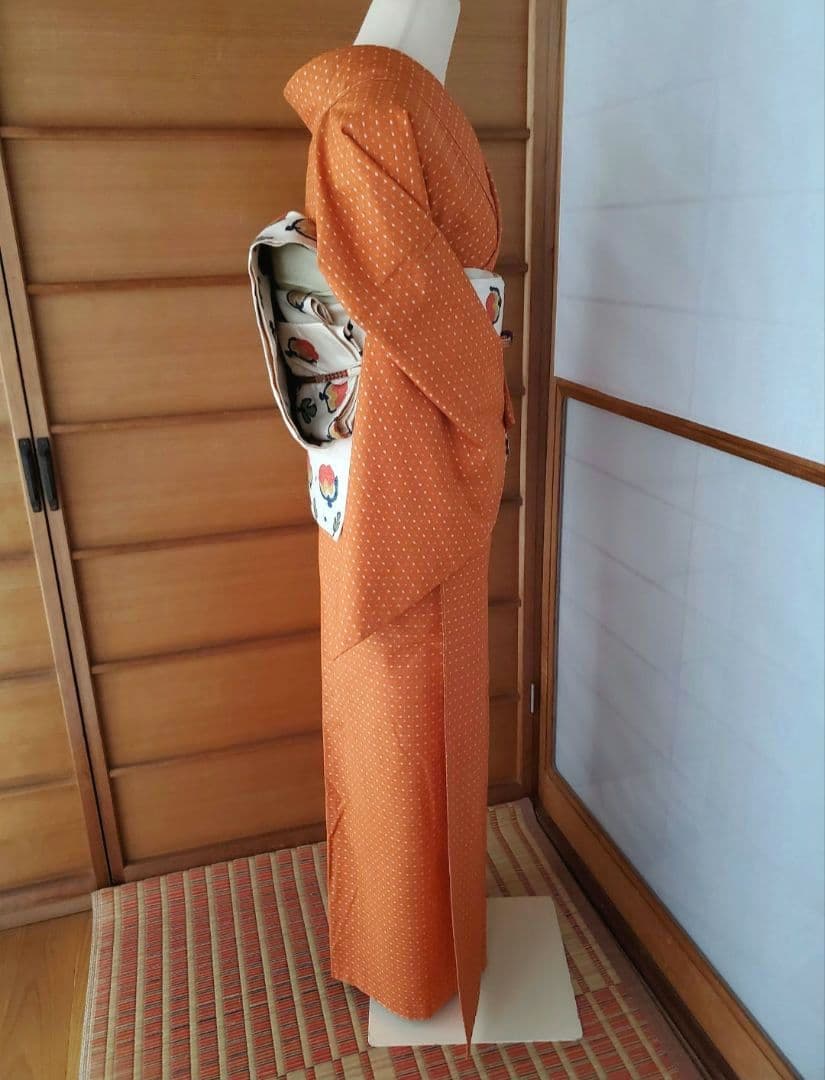 【着物帯＊セット】オレンジカラーの紬　十字絣　袋帯　正絹