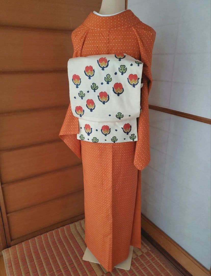 【着物帯＊セット】オレンジカラーの紬　十字絣　袋帯　正絹