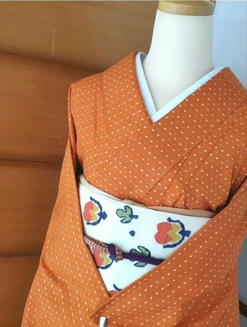 【着物帯＊セット】オレンジカラーの紬　十字絣　袋帯　正絹