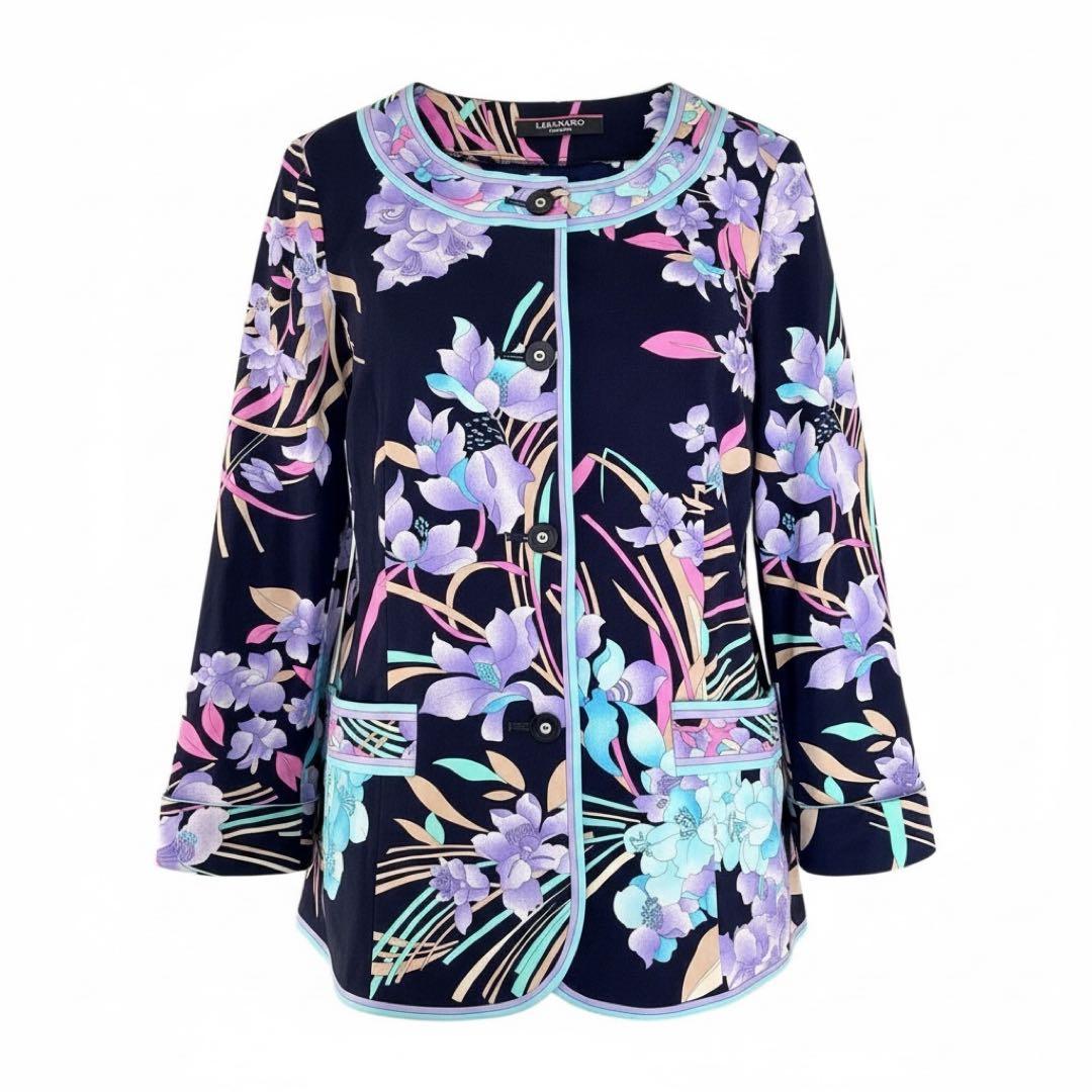 美品✨レオナール 美しい花柄 カンカン素材 ノーカラージャケット 大きいサイズ