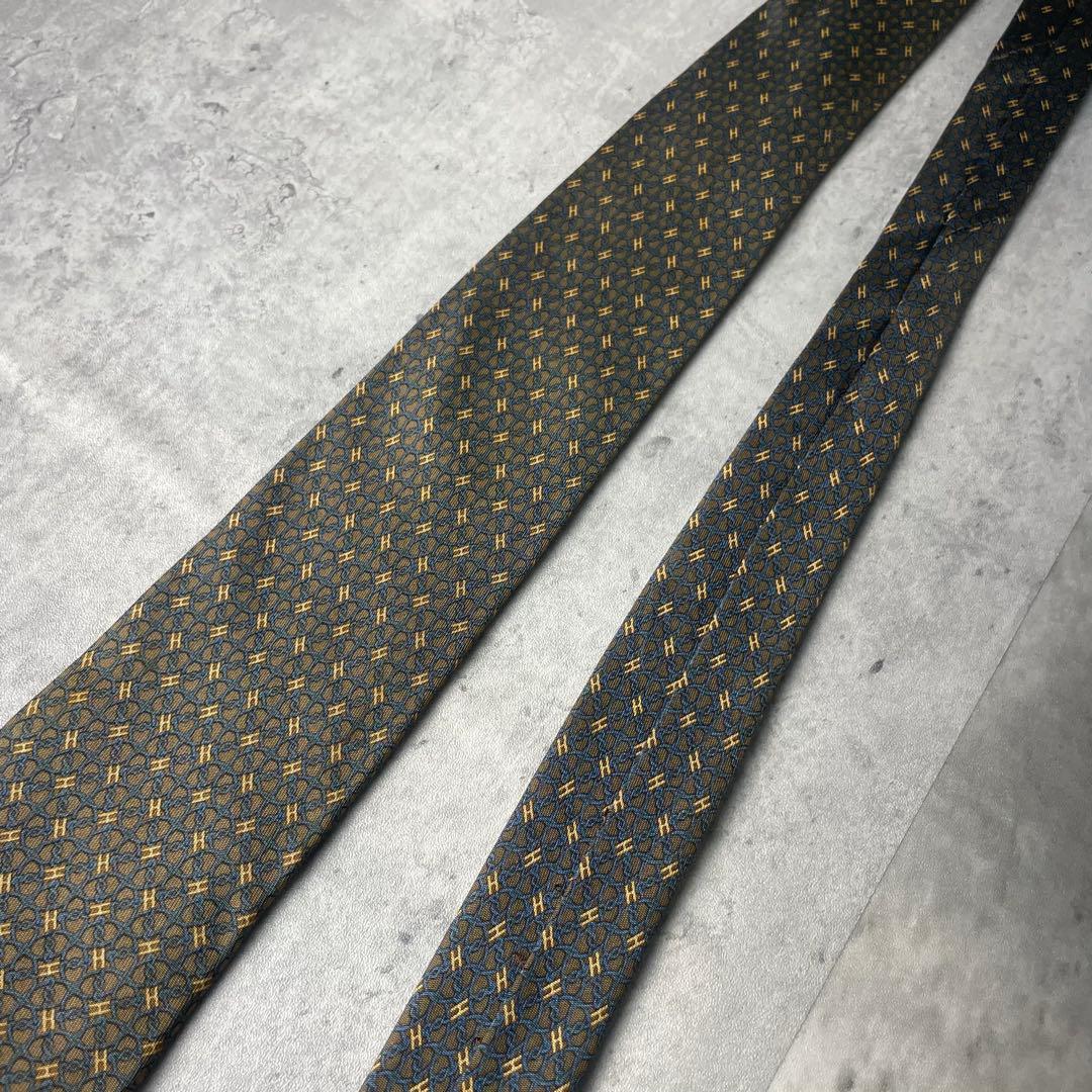 美品 HERMES エルメス H柄 リング 総柄 ネクタイ ブラウン 茶