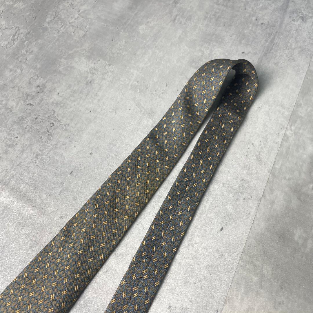 美品 HERMES エルメス H柄 リング 総柄 ネクタイ ブラウン 茶