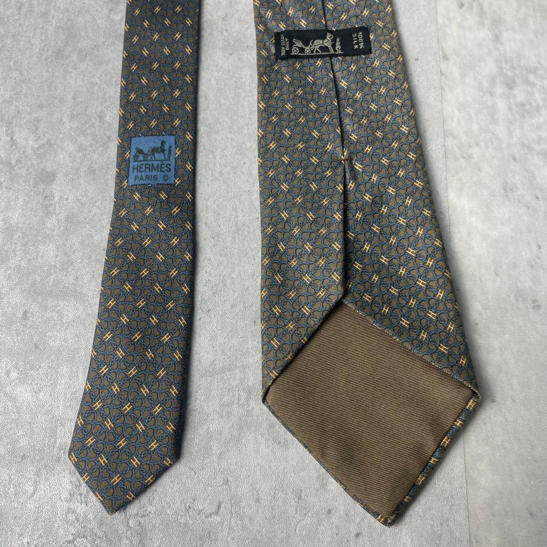 美品 HERMES エルメス H柄 リング 総柄 ネクタイ ブラウン 茶