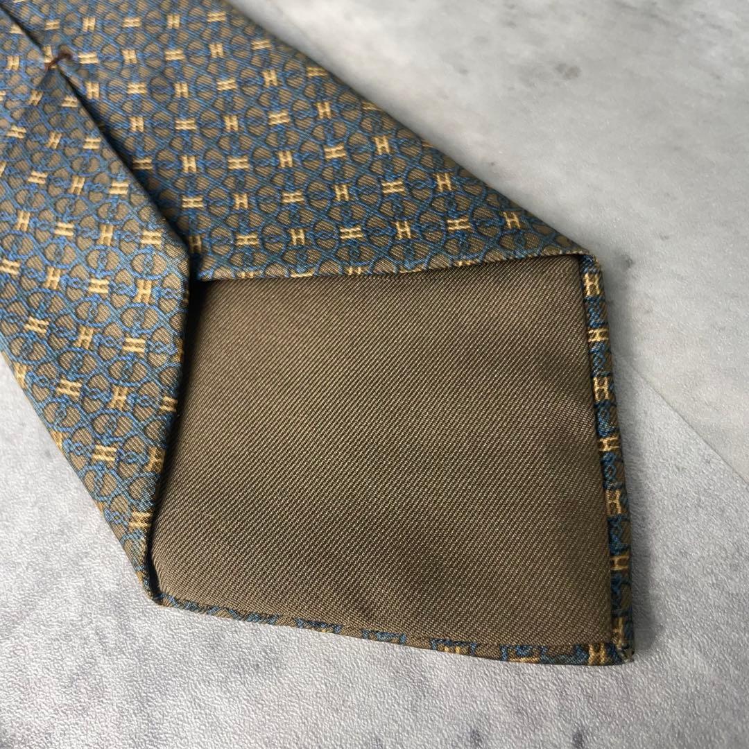 美品 HERMES エルメス H柄 リング 総柄 ネクタイ ブラウン 茶