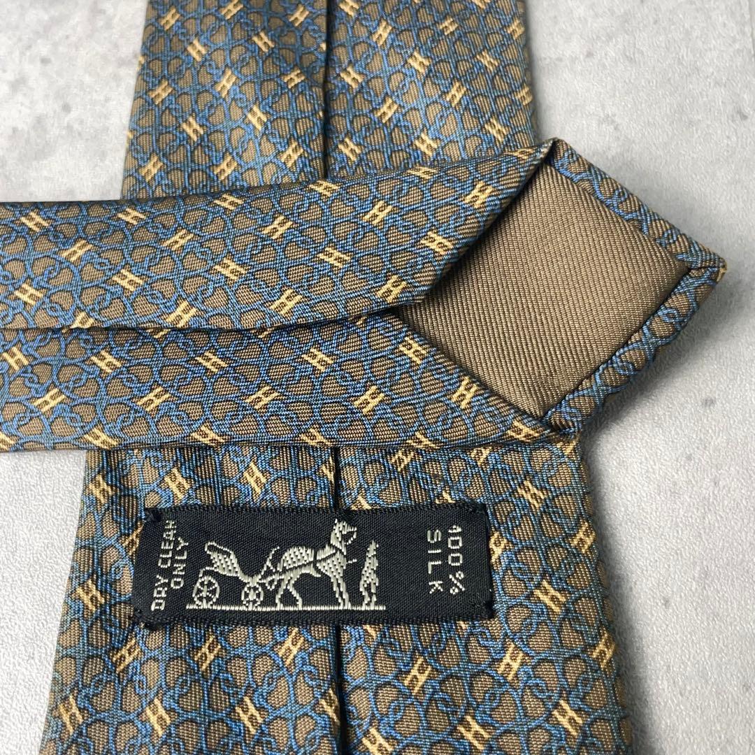 美品 HERMES エルメス H柄 リング 総柄 ネクタイ ブラウン 茶