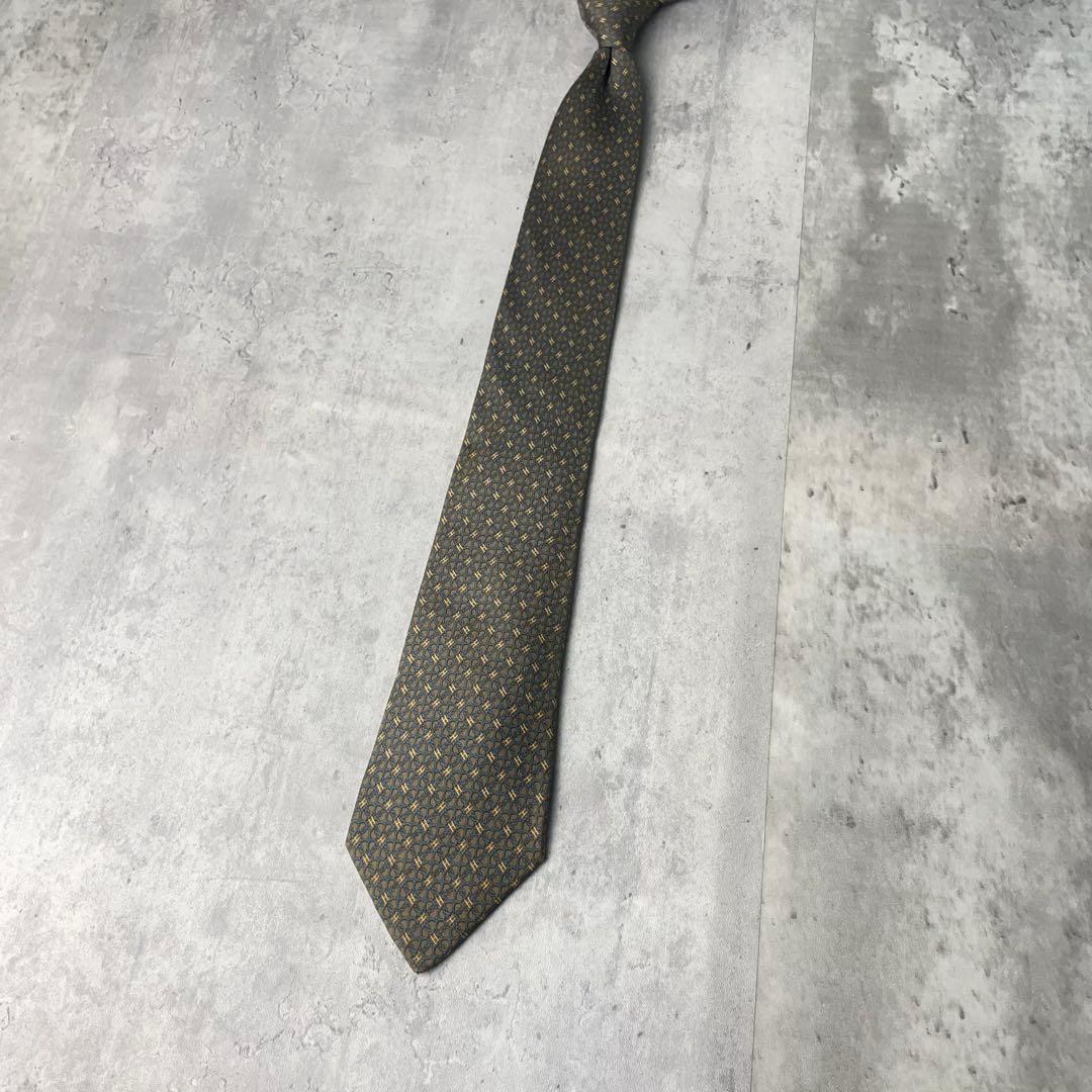 美品 HERMES エルメス H柄 リング 総柄 ネクタイ ブラウン 茶