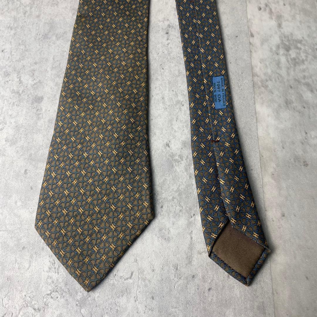 美品 HERMES エルメス H柄 リング 総柄 ネクタイ ブラウン 茶