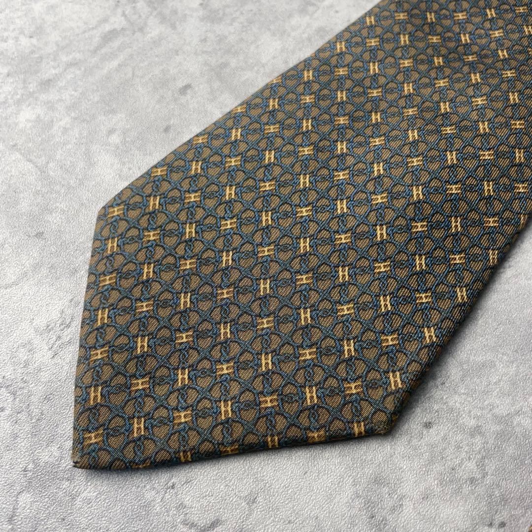 美品 HERMES エルメス H柄 リング 総柄 ネクタイ ブラウン 茶