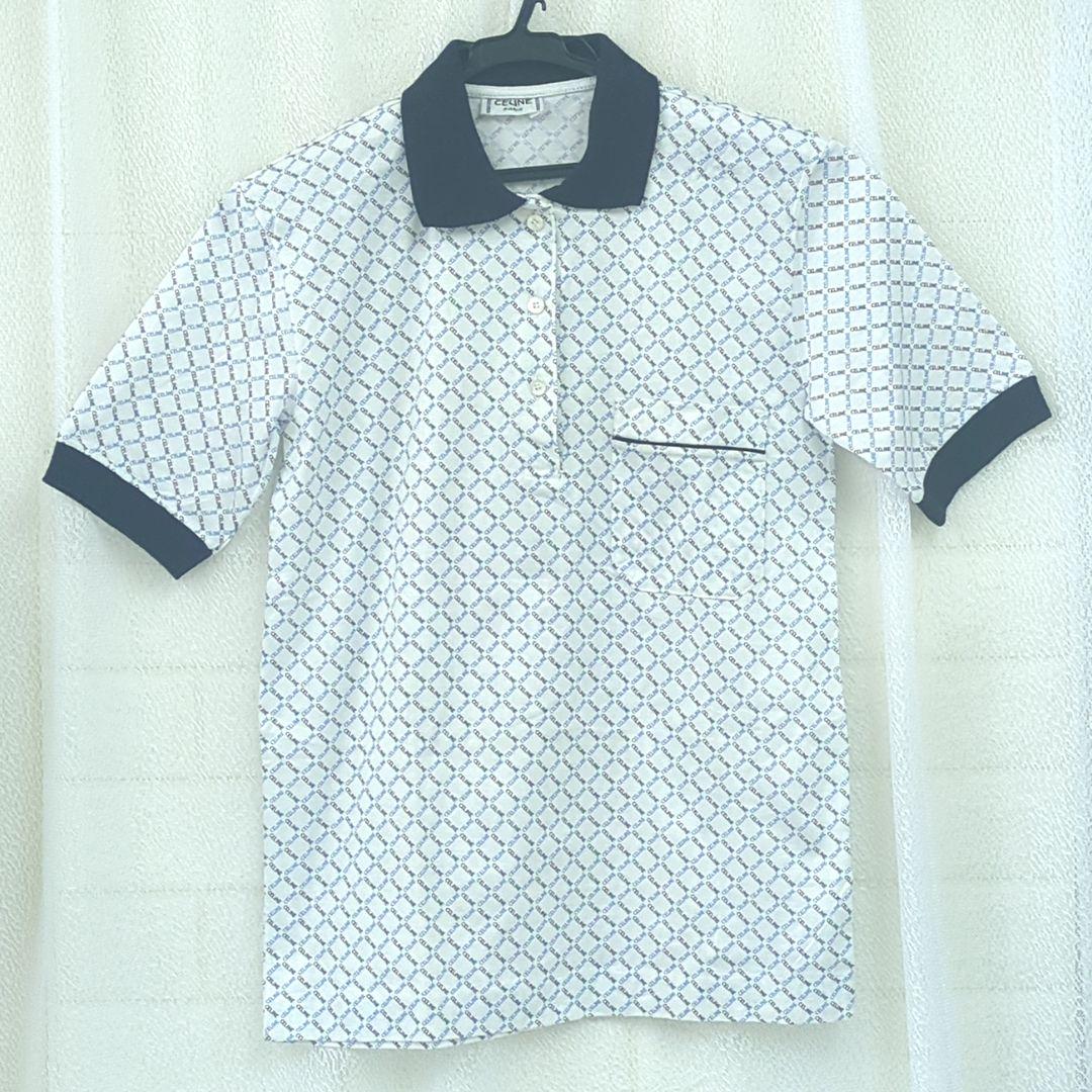 セリーヌ 100% コットン ポロシャツ ホワイト ネイビー ブルー イタリア製