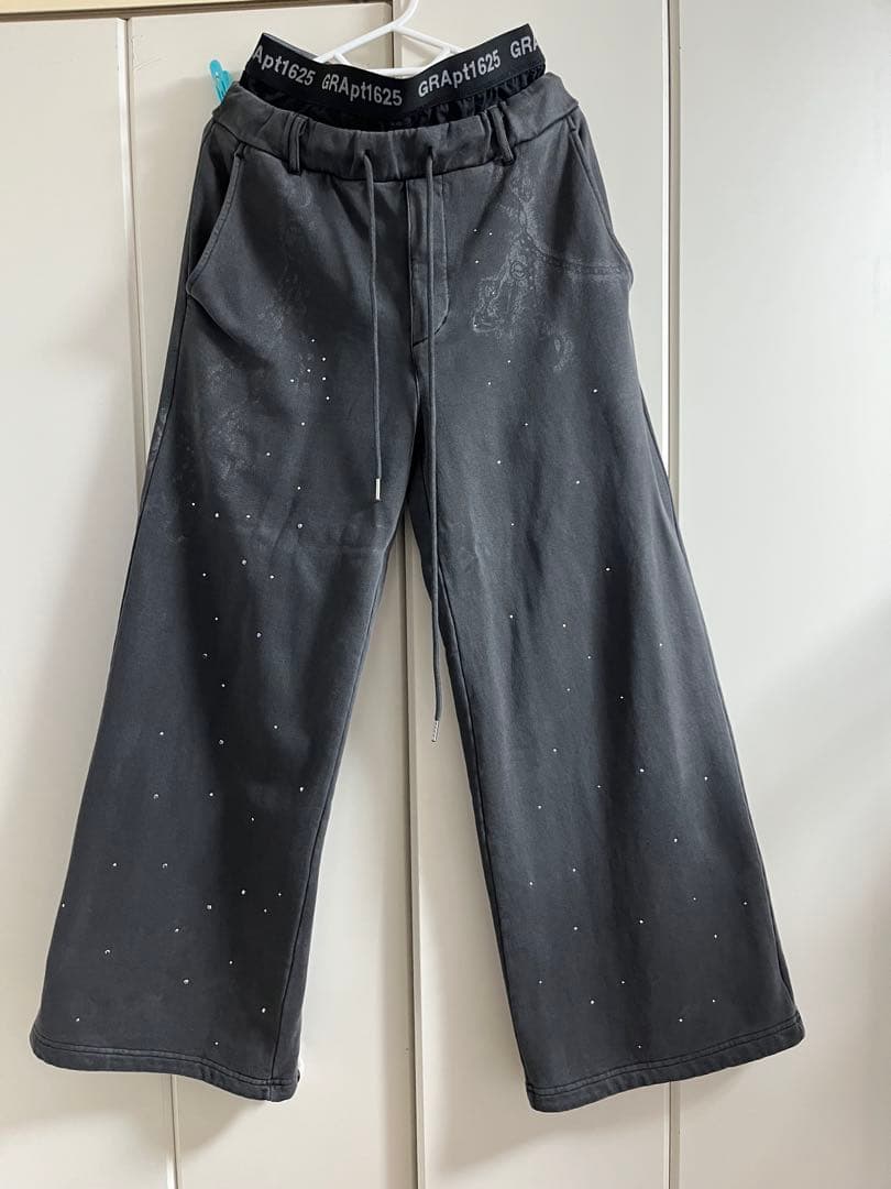 GRANCY ラインストーンデザインレイヤードスウェットパンツ グレー Sサイズ