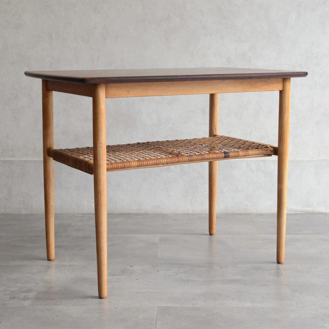 デンマーク 北欧ヴィンテージ サイドテーブル ローズウッド 北欧家具 ラタン棚付